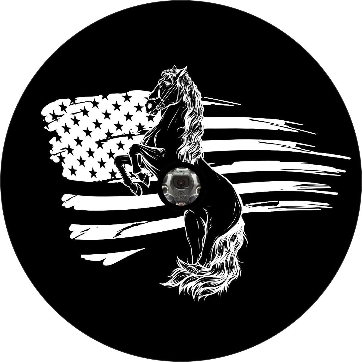 Bucking Bronco Horse American Distressed Flag Spare Tire Cover for Jeep, Bronco, RV, Camper, Trailer, & More-duckduckjeep-offroad-wrangler-gladiator-3d-jeep duck-custom duck-Jeep-The Quacktory-Fun Jeep Ducks-Ducks4Jeep