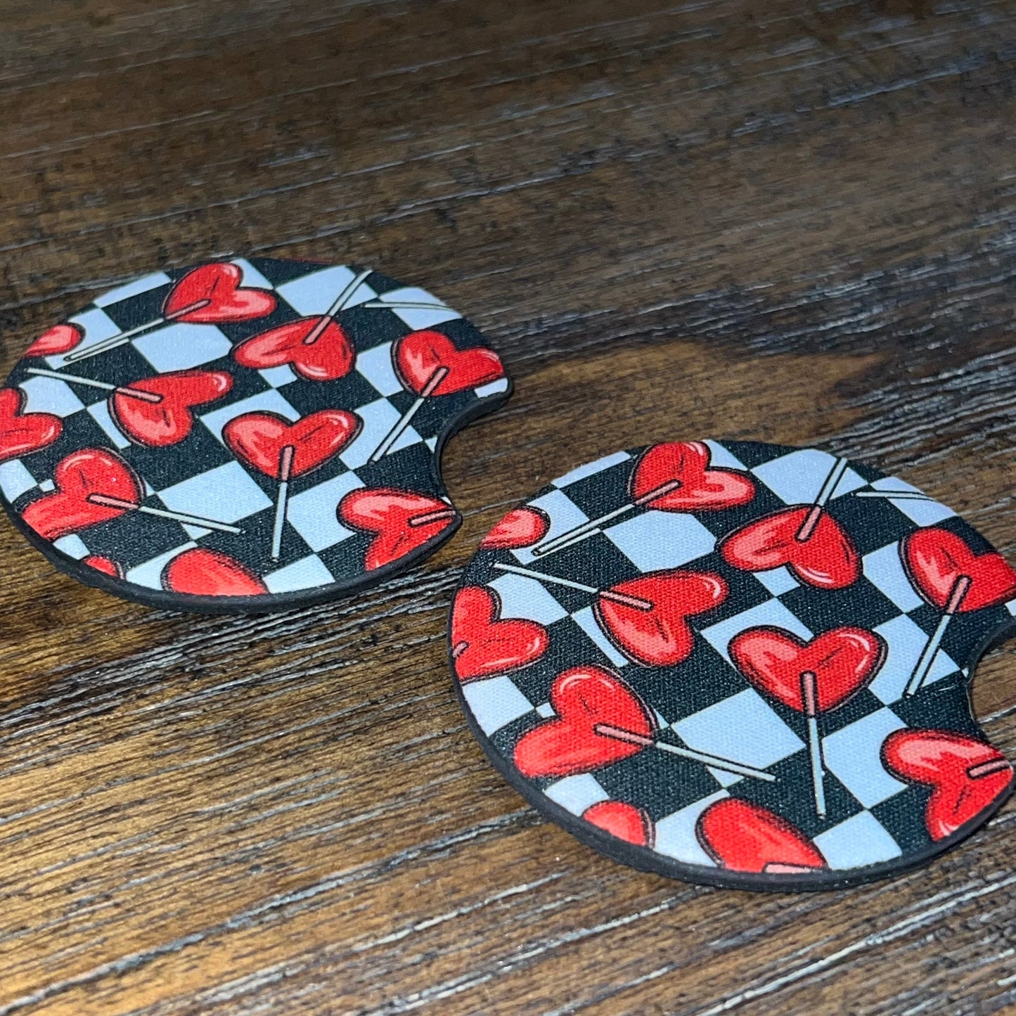 Valentines Heart Sucker Checkerboard Car Coaster