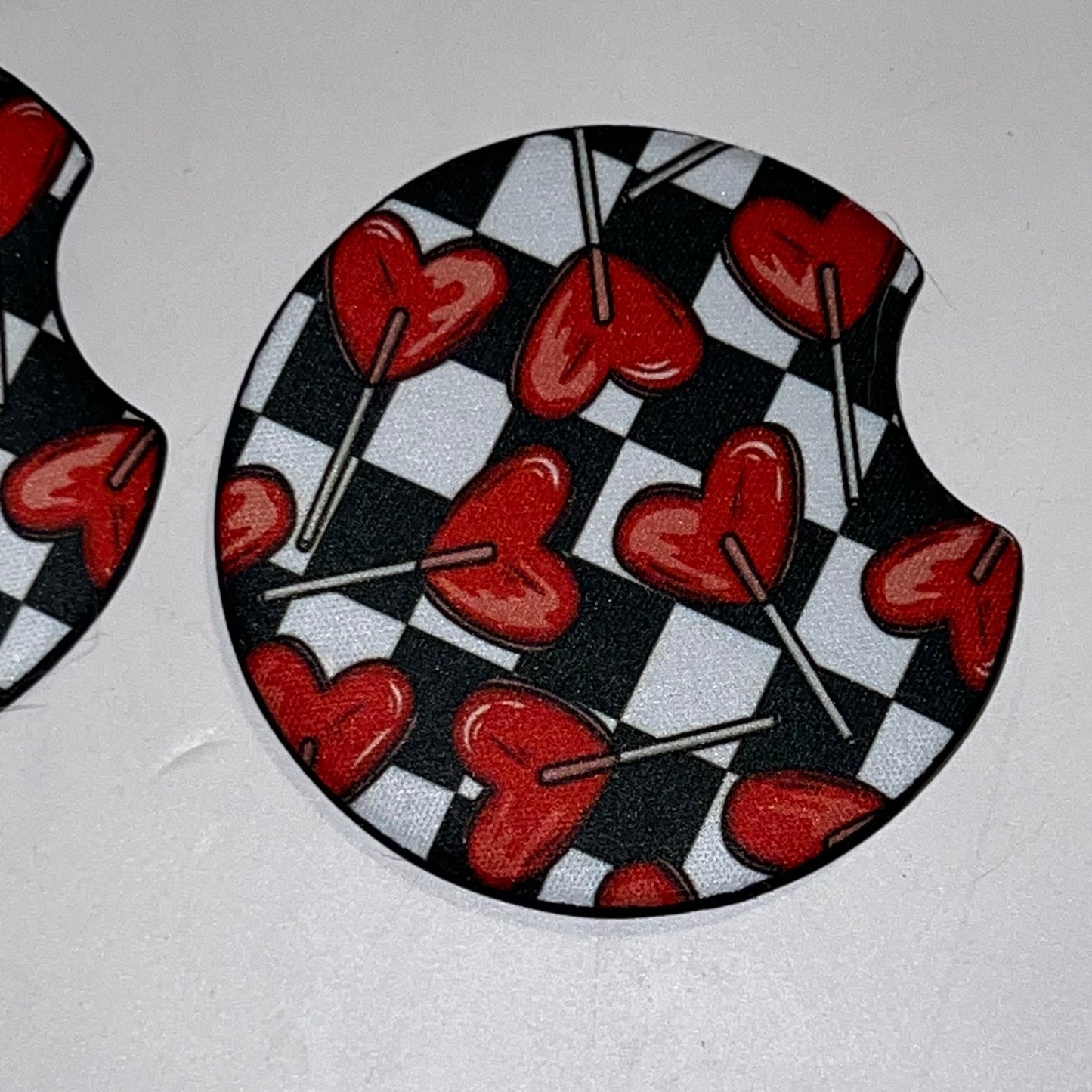 Valentines Heart Sucker Checkerboard Car Coaster