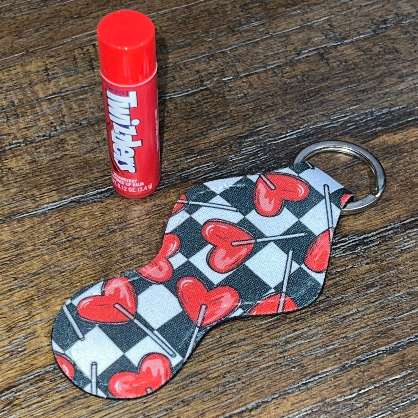 Valentines Heart Sucker Checkerboard Lip Balm Holder Keychain