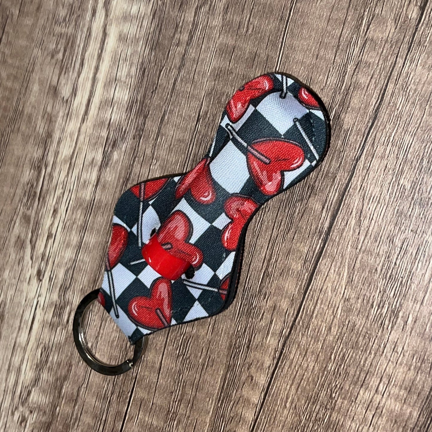 Valentines Heart Sucker Checkerboard Lip Balm Holder Keychain