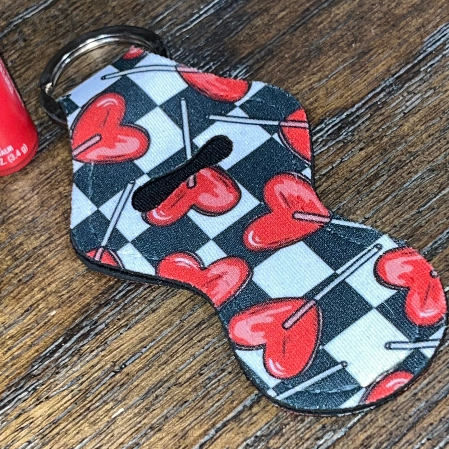 Valentines Heart Sucker Checkerboard Lip Balm Holder Keychain