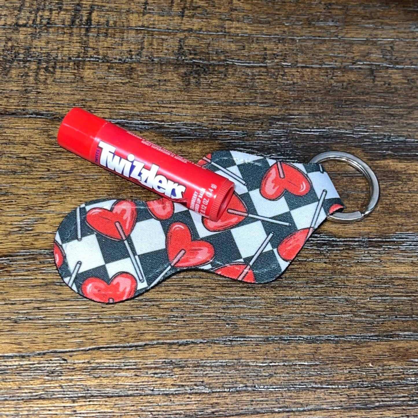 Valentines Heart Sucker Checkerboard Lip Balm Holder Keychain
