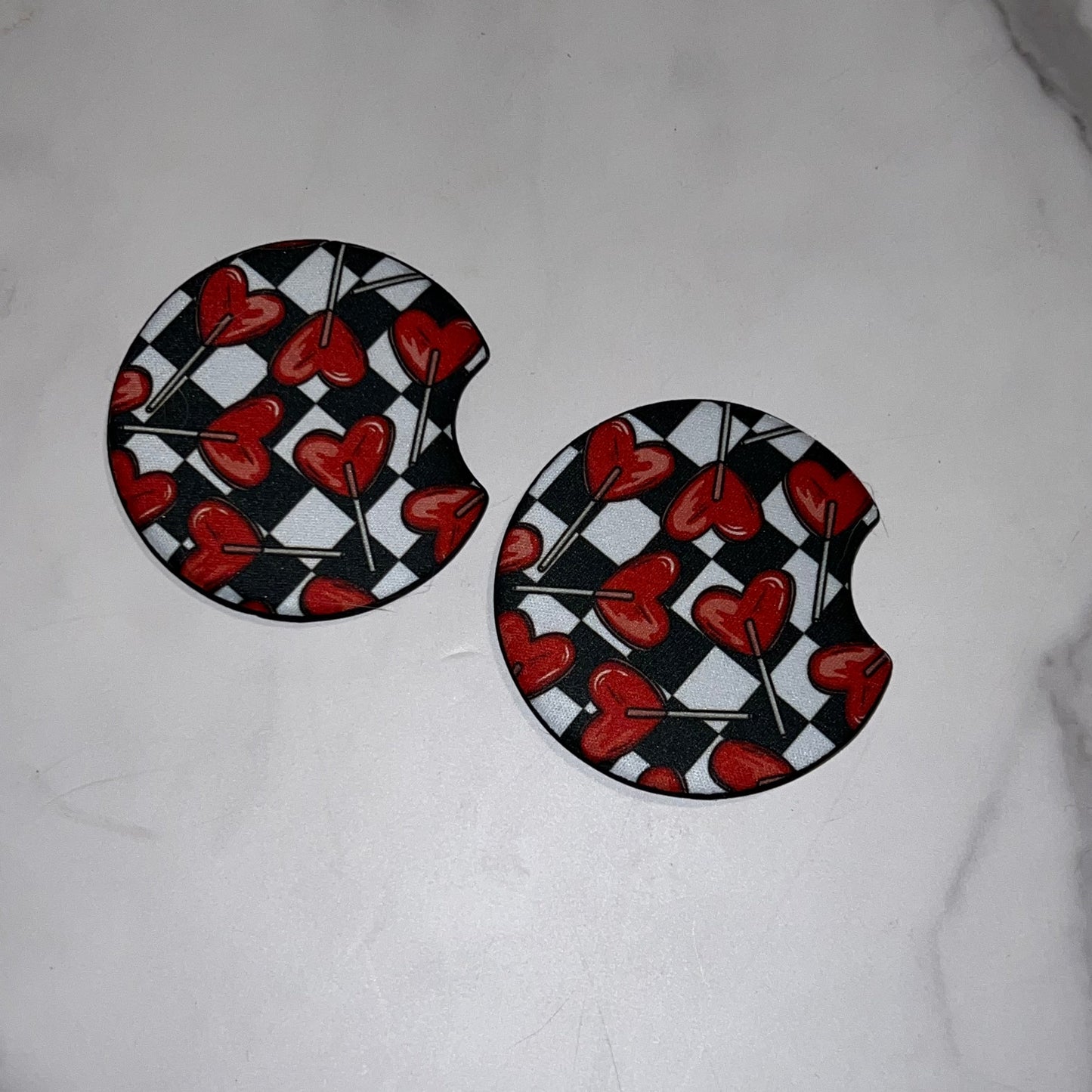 Valentines Heart Sucker Checkerboard Car Coaster