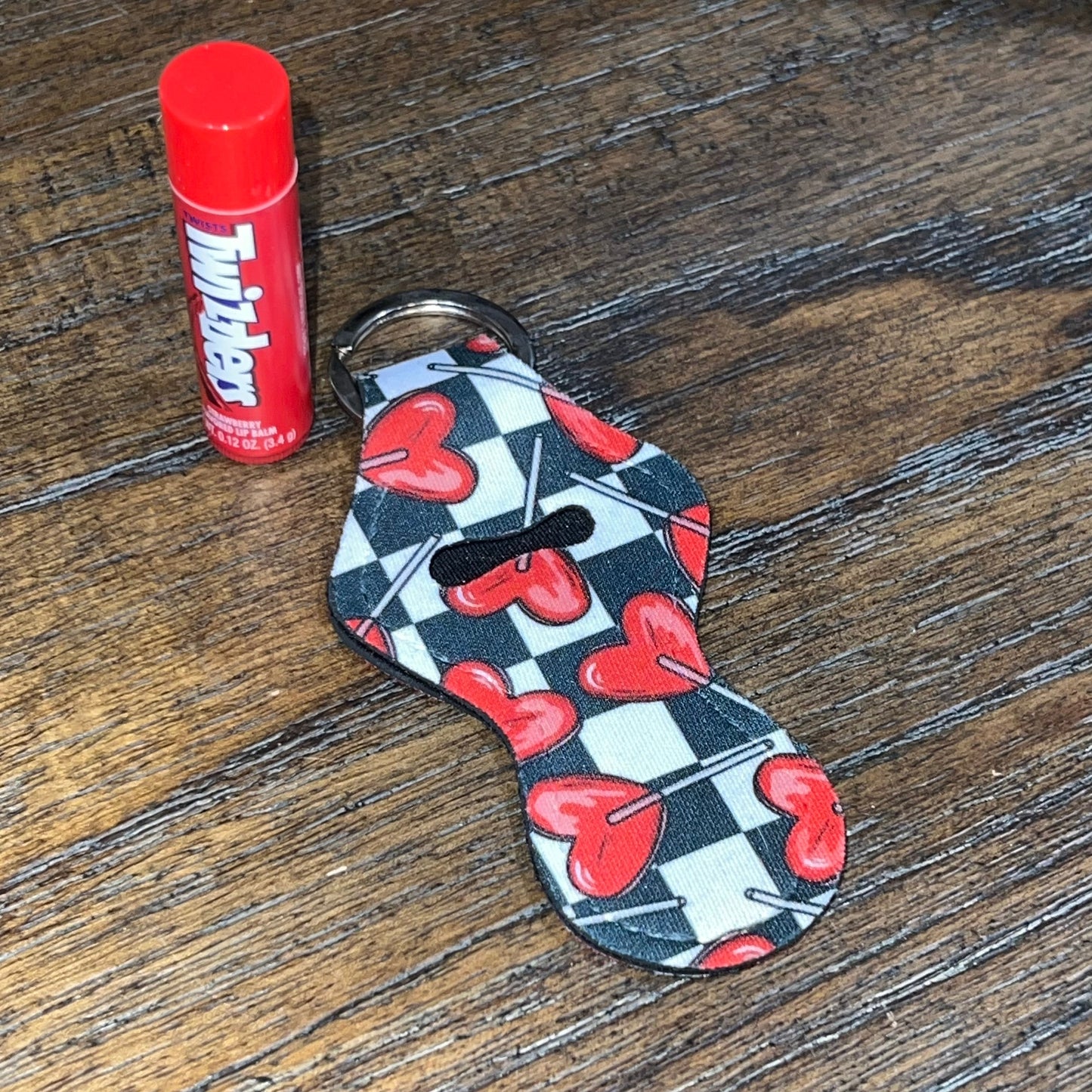 Valentines Heart Sucker Checkerboard Lip Balm Holder Keychain