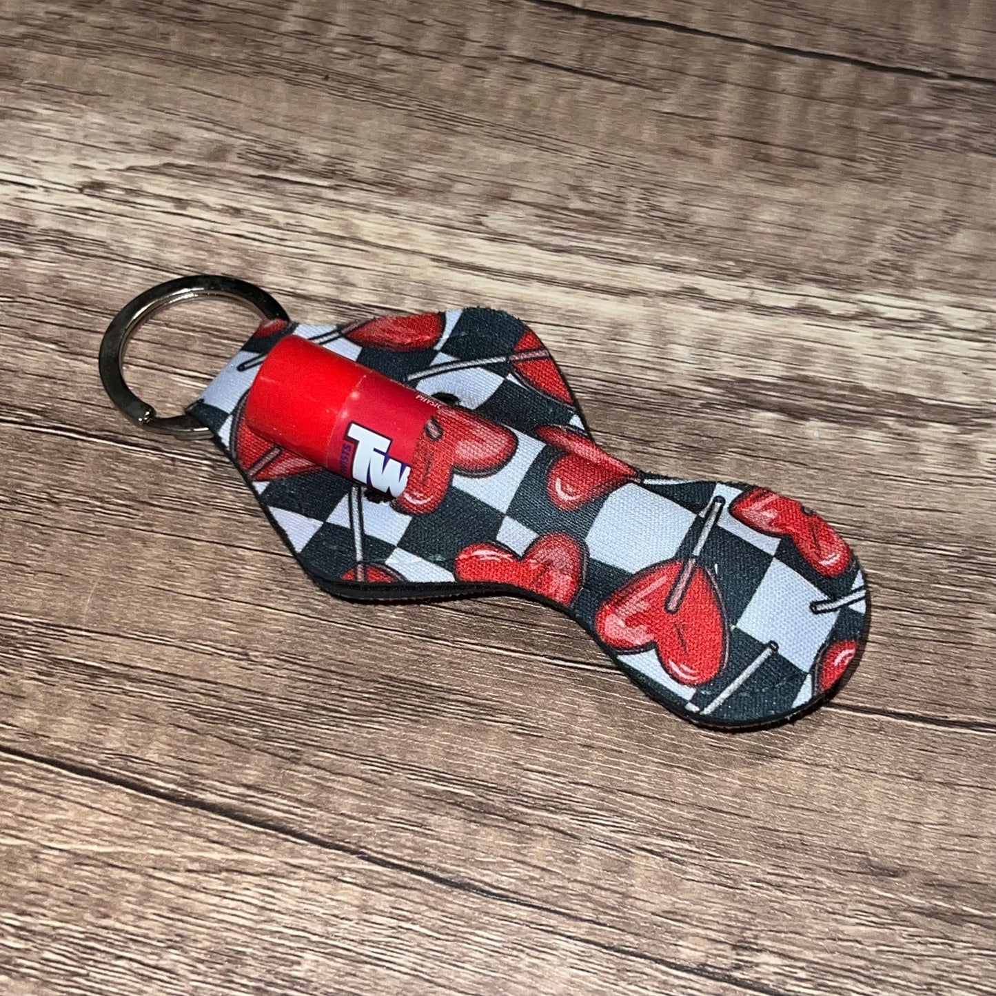 Valentines Heart Sucker Checkerboard Lip Balm Holder Keychain