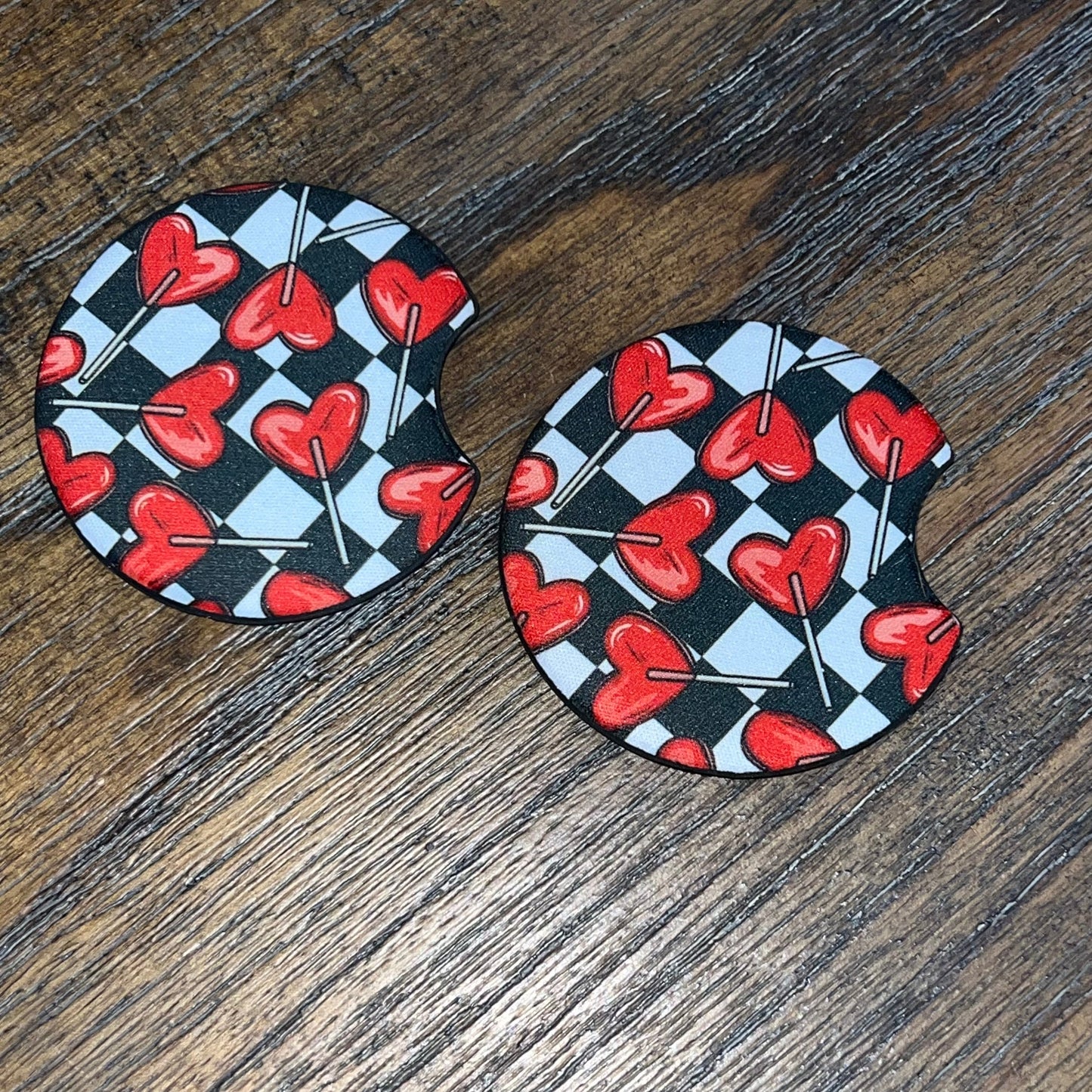 Valentines Heart Sucker Checkerboard Car Coaster