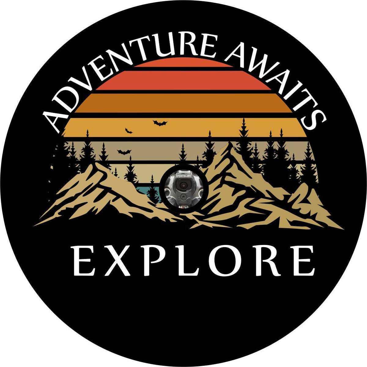 Adventure Awaits + Explore Mountain Custom Tire Cover for Jeep, RV, Camper, & More-duckduckjeep-offroad-wrangler-gladiator-3d-jeep duck-custom duck-Jeep-The Quacktory-Fun Jeep Ducks-Ducks4Jeep