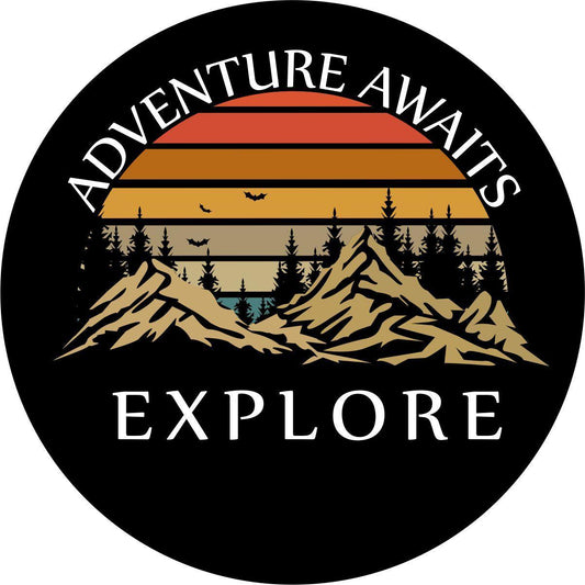 Adventure Awaits + Explore Mountain Custom Tire Cover for Jeep, RV, Camper, & More-duckduckjeep-offroad-wrangler-gladiator-3d-jeep duck-custom duck-Jeep-The Quacktory-Fun Jeep Ducks-Ducks4Jeep
