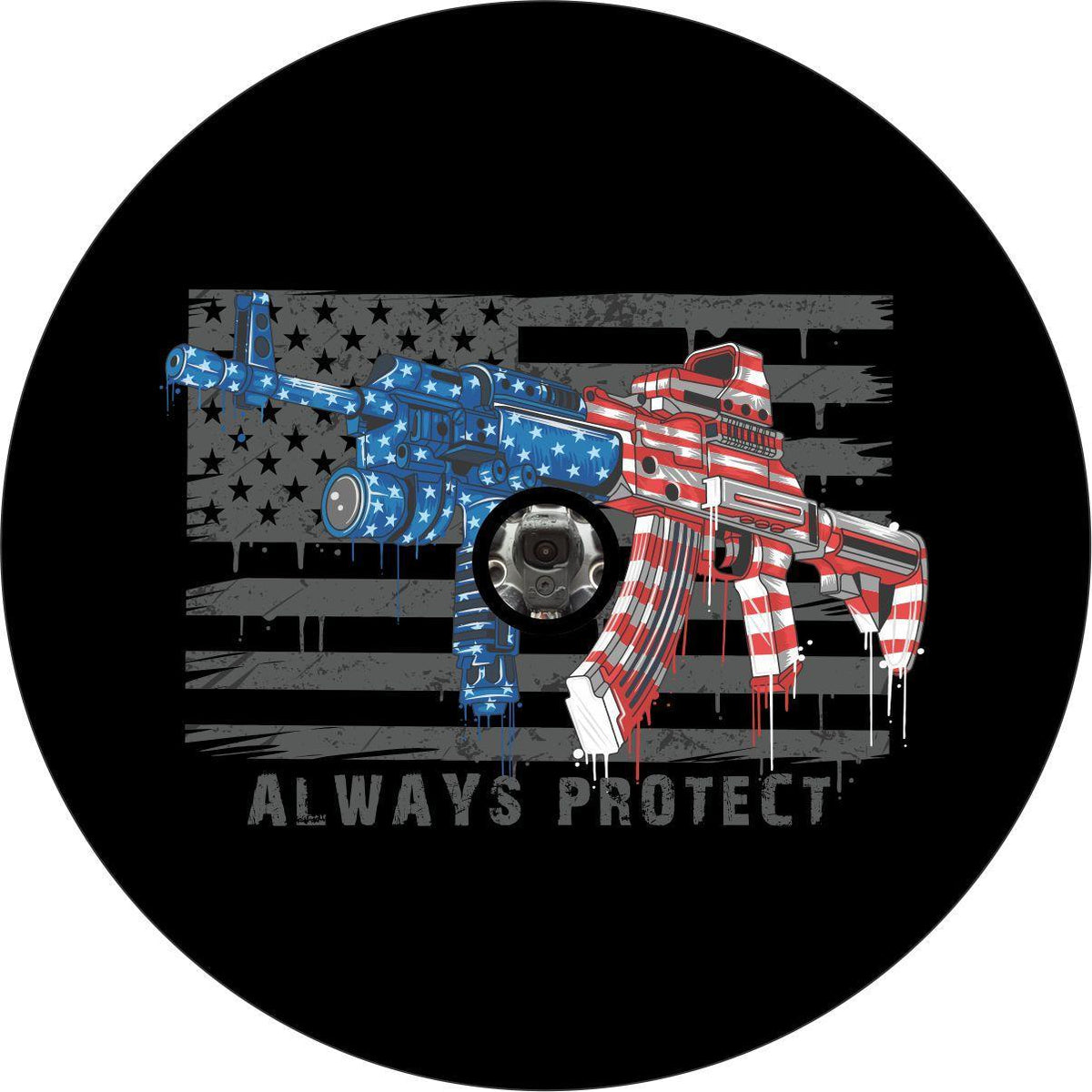 Always Protect American Flag & Gun Spare Tire Cover for Jeep, RV, Camper, Bronco & More-duckduckjeep-offroad-wrangler-gladiator-3d-jeep duck-custom duck-Jeep-The Quacktory-Fun Jeep Ducks-Ducks4Jeep