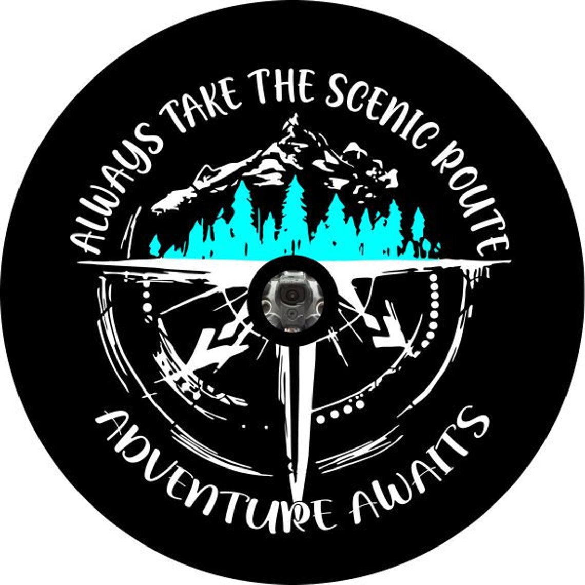 Always Take The Scenic Route, Adventure Awaits - Mountains & Compass Spare Tire Cover-duckduckjeep-offroad-wrangler-gladiator-3d-jeep duck-custom duck-Jeep-The Quacktory-Fun Jeep Ducks-Ducks4Jeep