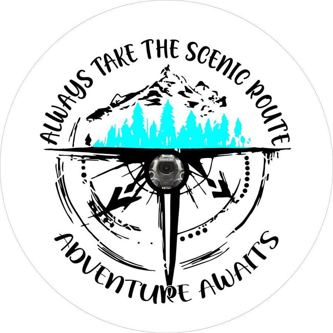 Always Take The Scenic Route, Adventure Awaits - Mountains & Compass Spare Tire Cover-duckduckjeep-offroad-wrangler-gladiator-3d-jeep duck-custom duck-Jeep-The Quacktory-Fun Jeep Ducks-Ducks4Jeep