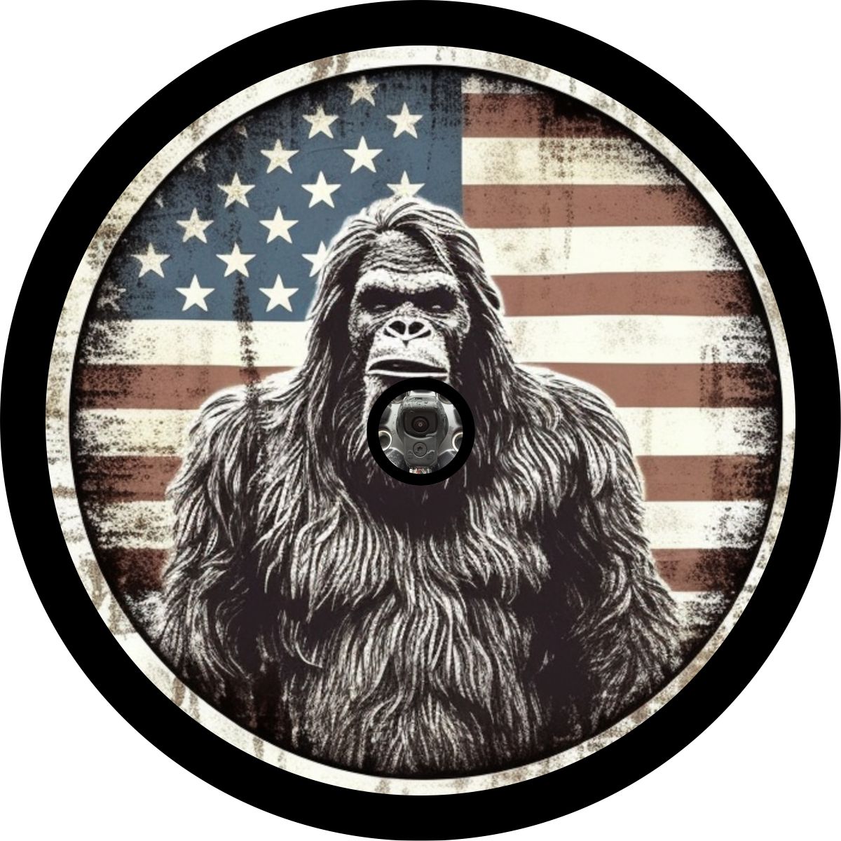 American Flag Bigfoot Portrait - Sasquatch Spare Tire Cover for Bronco, RV, Jeep, Camper, Van-duckduckjeep-offroad-wrangler-gladiator-3d-jeep duck-custom duck-Jeep-The Quacktory-Fun Jeep Ducks-Ducks4Jeep