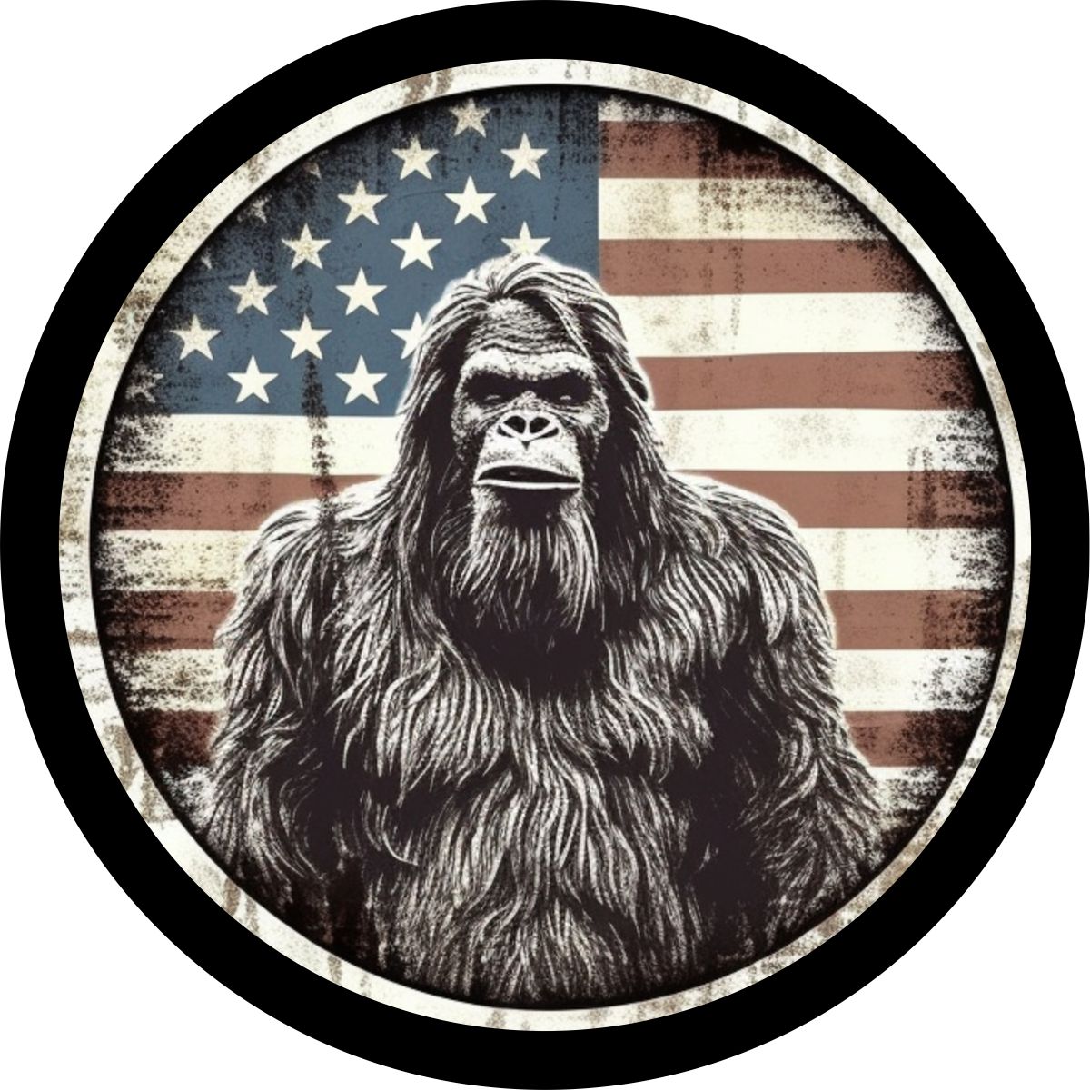 American Flag Bigfoot Portrait - Sasquatch Spare Tire Cover for Bronco, RV, Jeep, Camper, Van-duckduckjeep-offroad-wrangler-gladiator-3d-jeep duck-custom duck-Jeep-The Quacktory-Fun Jeep Ducks-Ducks4Jeep