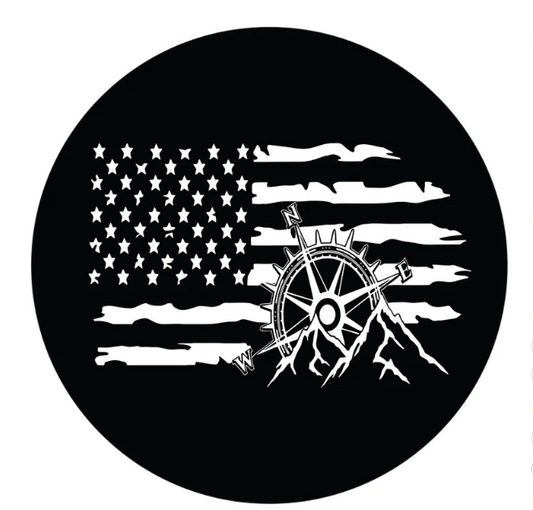 American Flag Compass & Mountains Spare Tire Cover-duckduckjeep-offroad-wrangler-gladiator-3d-jeep duck-custom duck-Jeep-The Quacktory-Fun Jeep Ducks-Ducks4Jeep