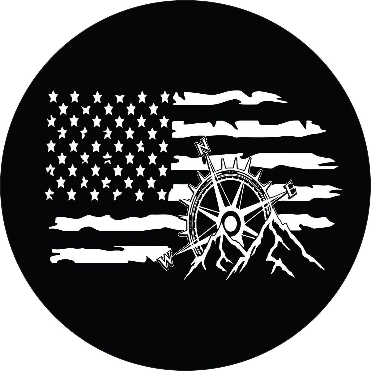 American Flag Compass and Mountains Spare Tire Cover for Jeep, Bronco, RV, Camper, Van, Travel Trailer, Etc.-duckduckjeep-offroad-wrangler-gladiator-3d-jeep duck-custom duck-Jeep-The Quacktory-Fun Jeep Ducks-Ducks4Jeep