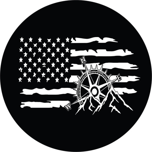 American Flag Compass and Mountains Spare Tire Cover for Jeep, Bronco, RV, Camper, Van, Travel Trailer, Etc.-duckduckjeep-offroad-wrangler-gladiator-3d-jeep duck-custom duck-Jeep-The Quacktory-Fun Jeep Ducks-Ducks4Jeep