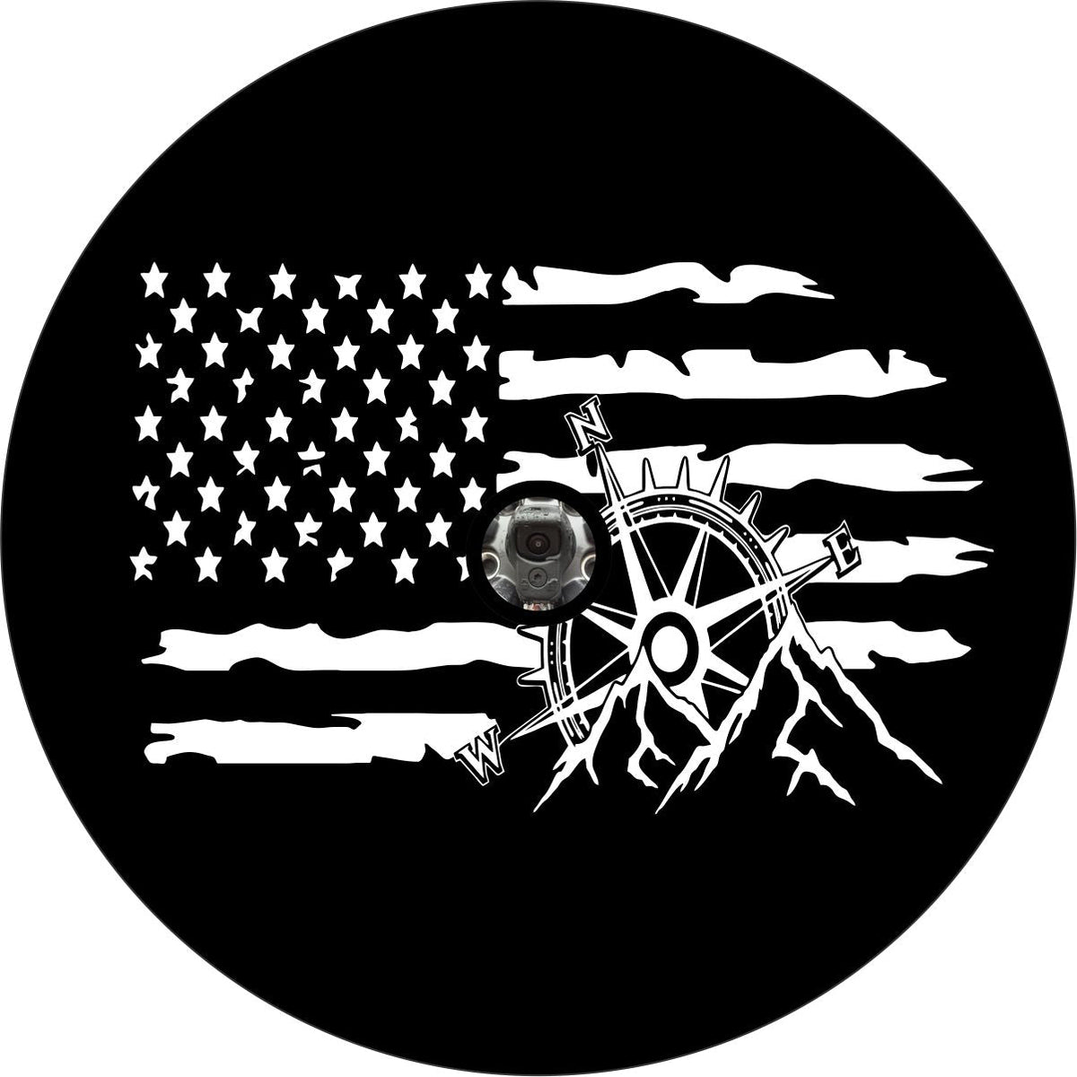 American Flag Compass and Mountains Spare Tire Cover for Jeep, Bronco, RV, Camper, Van, Travel Trailer, Etc.-duckduckjeep-offroad-wrangler-gladiator-3d-jeep duck-custom duck-Jeep-The Quacktory-Fun Jeep Ducks-Ducks4Jeep