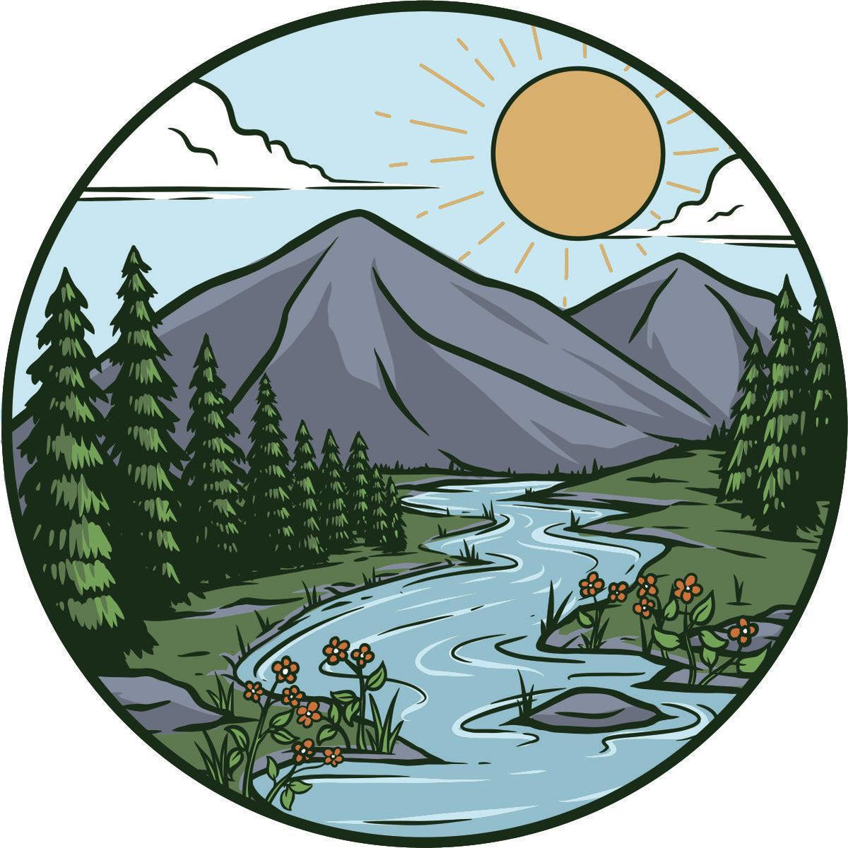 Artsy Mountain River Landscape Unique Spare Tire Cover-duckduckjeep-offroad-wrangler-gladiator-3d-jeep duck-custom duck-Jeep-The Quacktory-Fun Jeep Ducks-Ducks4Jeep