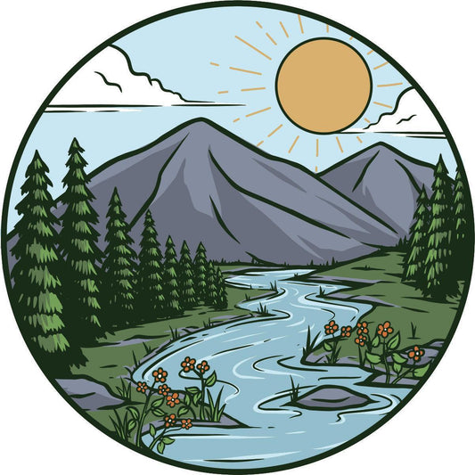Artsy Mountain River Landscape Unique Spare Tire Cover-duckduckjeep-offroad-wrangler-gladiator-3d-jeep duck-custom duck-Jeep-The Quacktory-Fun Jeep Ducks-Ducks4Jeep