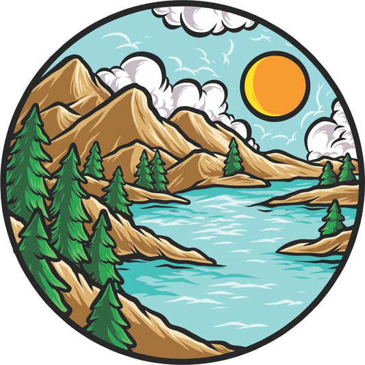 Artsy Scenic Mountain Views Creative Spare Tire Cover for Campers, RV, Bronco, Jeep, +-duckduckjeep-offroad-wrangler-gladiator-3d-jeep duck-custom duck-Jeep-The Quacktory-Fun Jeep Ducks-Ducks4Jeep