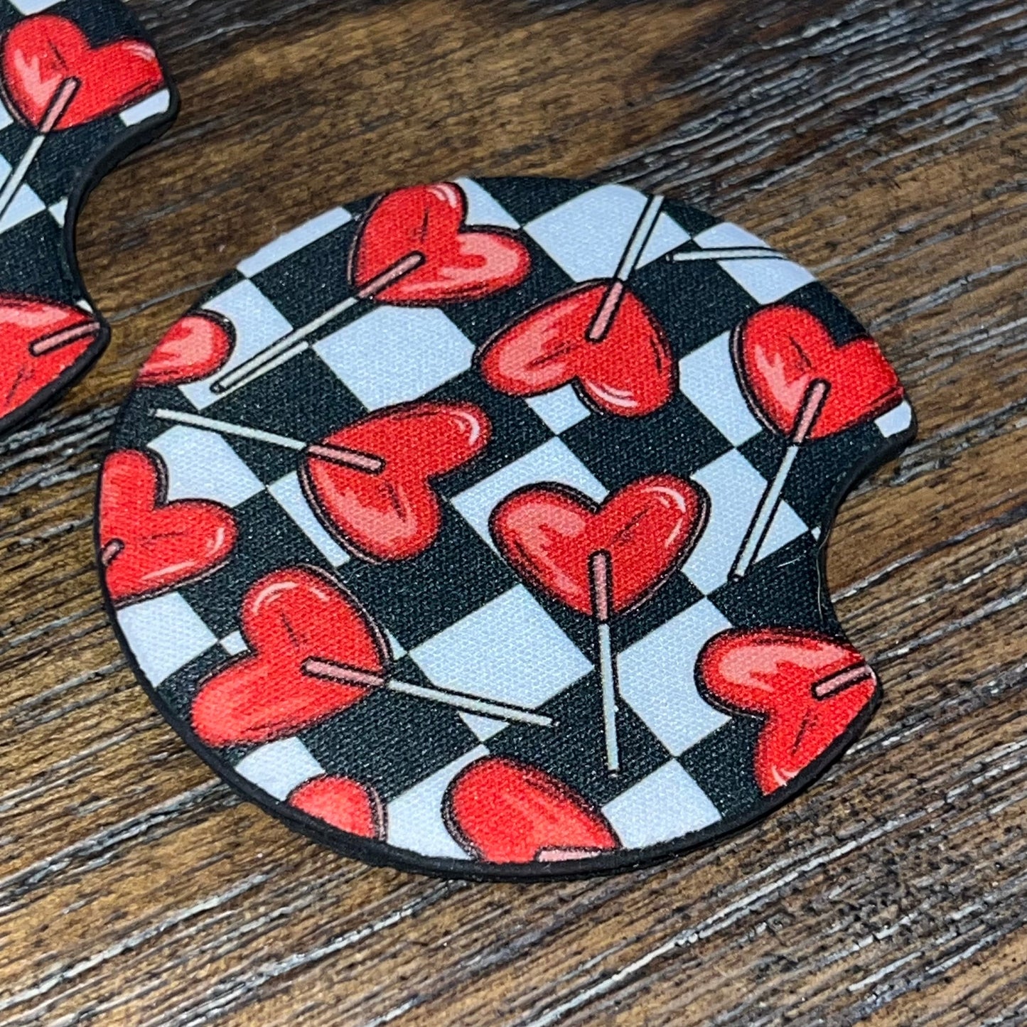 Valentines Heart Sucker Checkerboard Car Coaster