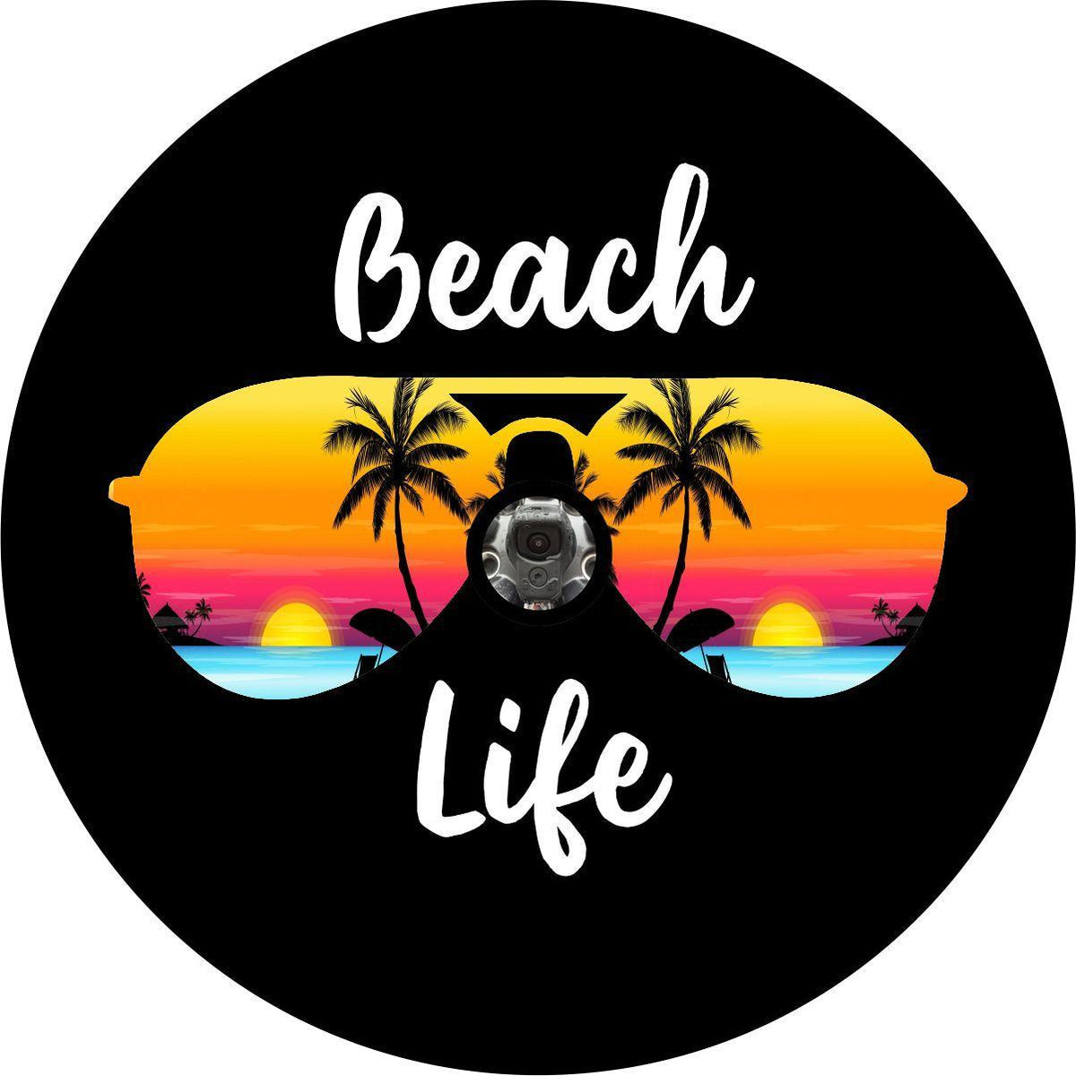 Beach Life Sunglasses Sunset Tropical Spare Tire Cover for Jeep, Bronco, RV & More-duckduckjeep-offroad-wrangler-gladiator-3d-jeep duck-custom duck-Jeep-The Quacktory-Fun Jeep Ducks-Ducks4Jeep