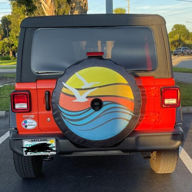 Beach Waves, Birds, and Sunset Spare Tire Cover for Jeep, RV, Camper, Bronco, Vans, & More-duckduckjeep-offroad-wrangler-gladiator-3d-jeep duck-custom duck-Jeep-The Quacktory-Fun Jeep Ducks-Ducks4Jeep