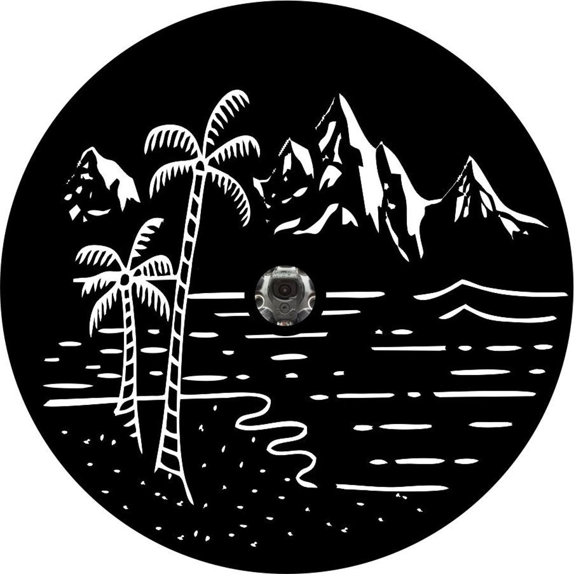 Beach with Palm Trees and Mountains Custom Spare Tire Cover (any color)-duckduckjeep-offroad-wrangler-gladiator-3d-jeep duck-custom duck-Jeep-The Quacktory-Fun Jeep Ducks-Ducks4Jeep