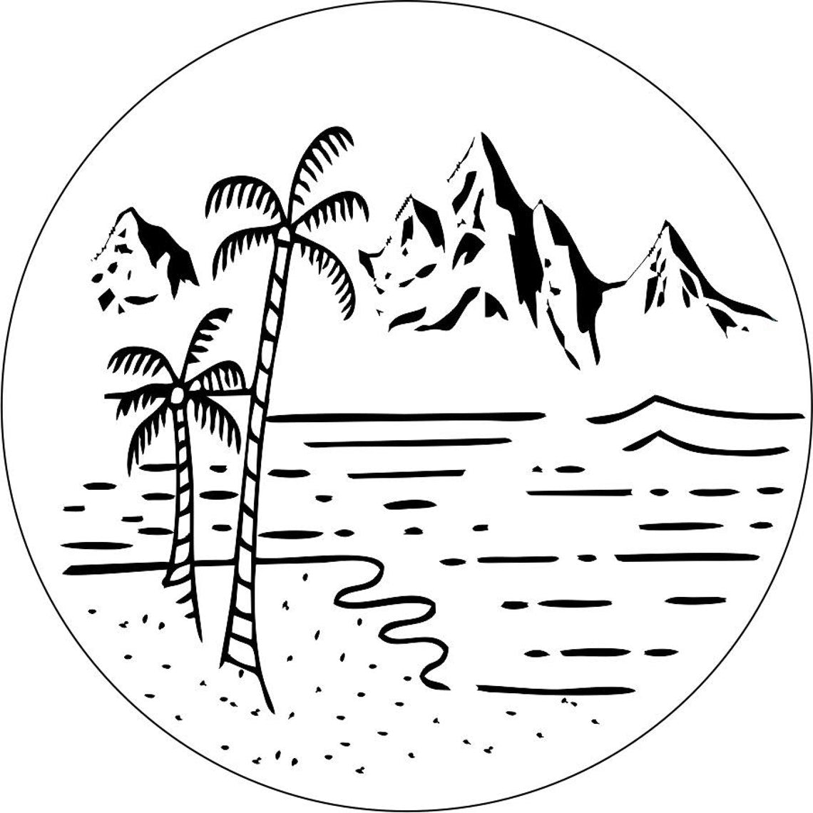 Beach with Palm Trees and Mountains Custom Spare Tire Cover (any color)-duckduckjeep-offroad-wrangler-gladiator-3d-jeep duck-custom duck-Jeep-The Quacktory-Fun Jeep Ducks-Ducks4Jeep
