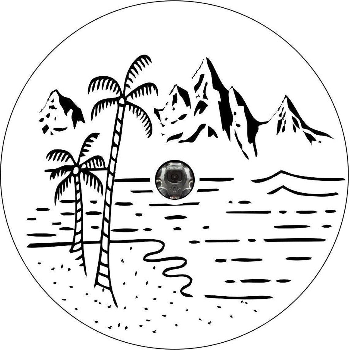 Beach with Palm Trees and Mountains Custom Spare Tire Cover (any color)-duckduckjeep-offroad-wrangler-gladiator-3d-jeep duck-custom duck-Jeep-The Quacktory-Fun Jeep Ducks-Ducks4Jeep