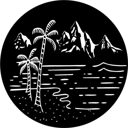 Beach with Palm Trees and Mountains Custom Spare Tire Cover (any color)-duckduckjeep-offroad-wrangler-gladiator-3d-jeep duck-custom duck-Jeep-The Quacktory-Fun Jeep Ducks-Ducks4Jeep