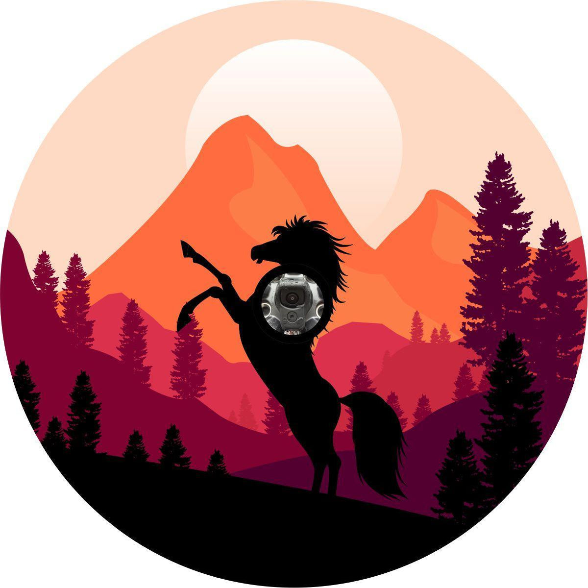 Beautiful Wild Mustang Horse Silhouette in Mountains Spare Tire Cover for Jeep, Bronco, Camper, RV, & More-duckduckjeep-offroad-wrangler-gladiator-3d-jeep duck-custom duck-Jeep-The Quacktory-Fun Jeep Ducks-Ducks4Jeep