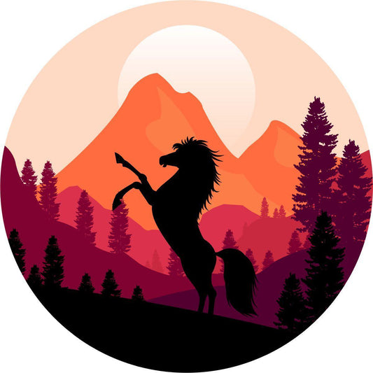 Beautiful Wild Mustang Horse Silhouette in Mountains Spare Tire Cover for Jeep, Bronco, Camper, RV, & More-duckduckjeep-offroad-wrangler-gladiator-3d-jeep duck-custom duck-Jeep-The Quacktory-Fun Jeep Ducks-Ducks4Jeep