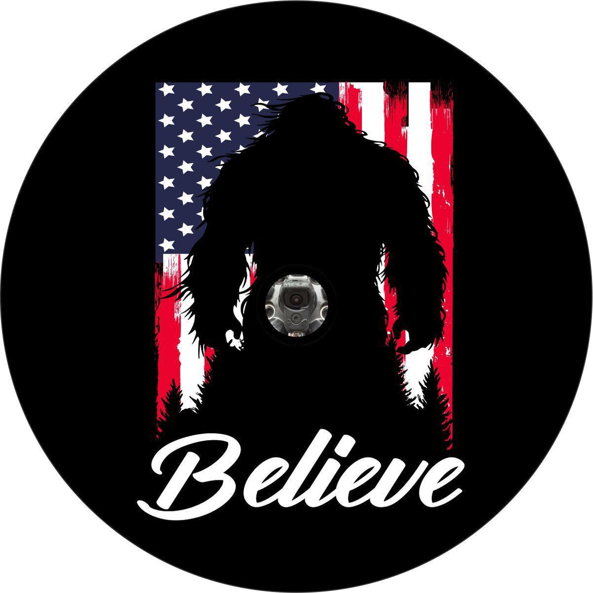 Bigfoot American Flag Believe Sasquatch Spare Tire Cover for Bronco, Jeep, RV, Campers, & More-duckduckjeep-offroad-wrangler-gladiator-3d-jeep duck-custom duck-Jeep-The Quacktory-Fun Jeep Ducks-Ducks4Jeep