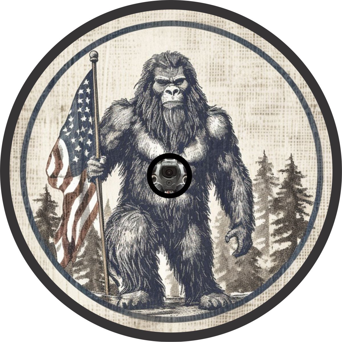 Bigfoot Sasquatch Holding American Flag Spare Tire Cover for Jeep, Bronco, RV, Van, Camper-duckduckjeep-offroad-wrangler-gladiator-3d-jeep duck-custom duck-Jeep-The Quacktory-Fun Jeep Ducks-Ducks4Jeep
