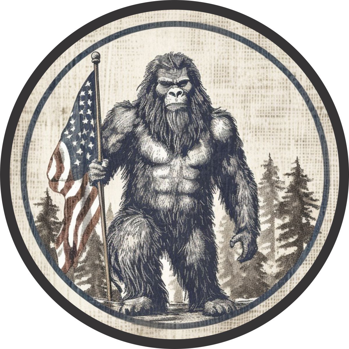 Bigfoot Sasquatch Holding American Flag Spare Tire Cover for Jeep, Bronco, RV, Van, Camper-duckduckjeep-offroad-wrangler-gladiator-3d-jeep duck-custom duck-Jeep-The Quacktory-Fun Jeep Ducks-Ducks4Jeep