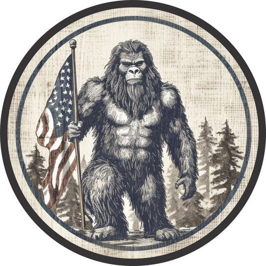 Bigfoot Sasquatch Holding American Flag Spare Tire Cover for Jeep, Bronco, RV, Van, Camper-duckduckjeep-offroad-wrangler-gladiator-3d-jeep duck-custom duck-Jeep-The Quacktory-Fun Jeep Ducks-Ducks4Jeep