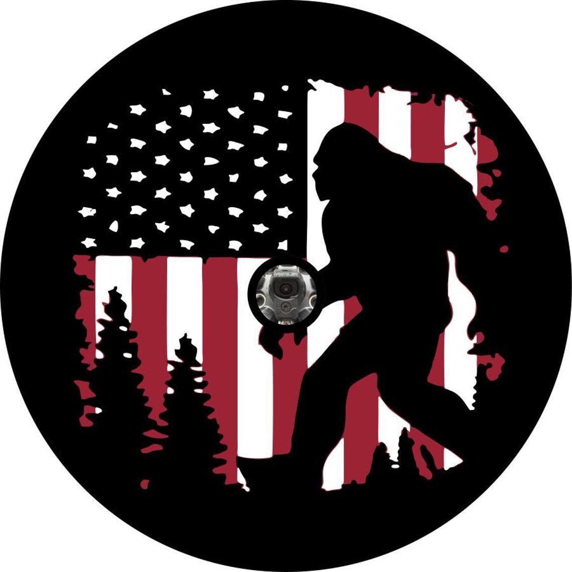 Bigfoot or Sasquatch American Flag Spare Tire Cover for Bronco, Jeep, Camper, RV, & More-duckduckjeep-offroad-wrangler-gladiator-3d-jeep duck-custom duck-Jeep-The Quacktory-Fun Jeep Ducks-Ducks4Jeep