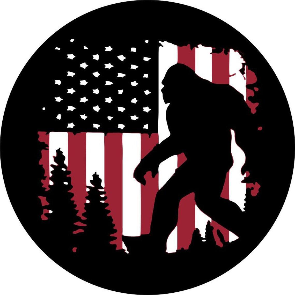 Bigfoot or Sasquatch American Flag Spare Tire Cover for Bronco, Jeep, Camper, RV, & More-duckduckjeep-offroad-wrangler-gladiator-3d-jeep duck-custom duck-Jeep-The Quacktory-Fun Jeep Ducks-Ducks4Jeep