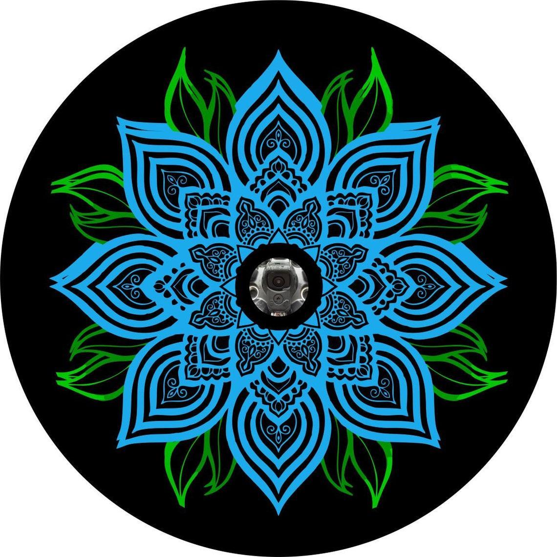 Blue Mandala Flower with Green Leaves-duckduckjeep-offroad-wrangler-gladiator-3d-jeep duck-custom duck-Jeep-The Quacktory-Fun Jeep Ducks-Ducks4Jeep