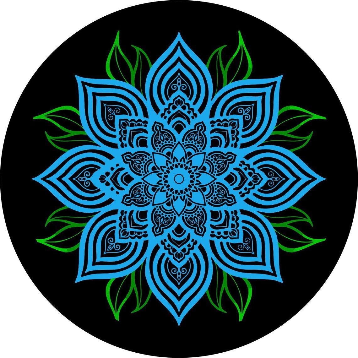 Blue Mandala Flower with Green Leaves-duckduckjeep-offroad-wrangler-gladiator-3d-jeep duck-custom duck-Jeep-The Quacktory-Fun Jeep Ducks-Ducks4Jeep
