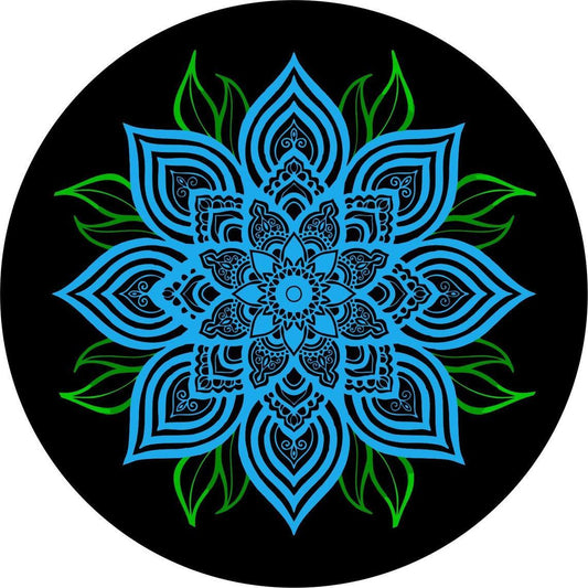 Blue Mandala Flower with Green Leaves-duckduckjeep-offroad-wrangler-gladiator-3d-jeep duck-custom duck-Jeep-The Quacktory-Fun Jeep Ducks-Ducks4Jeep