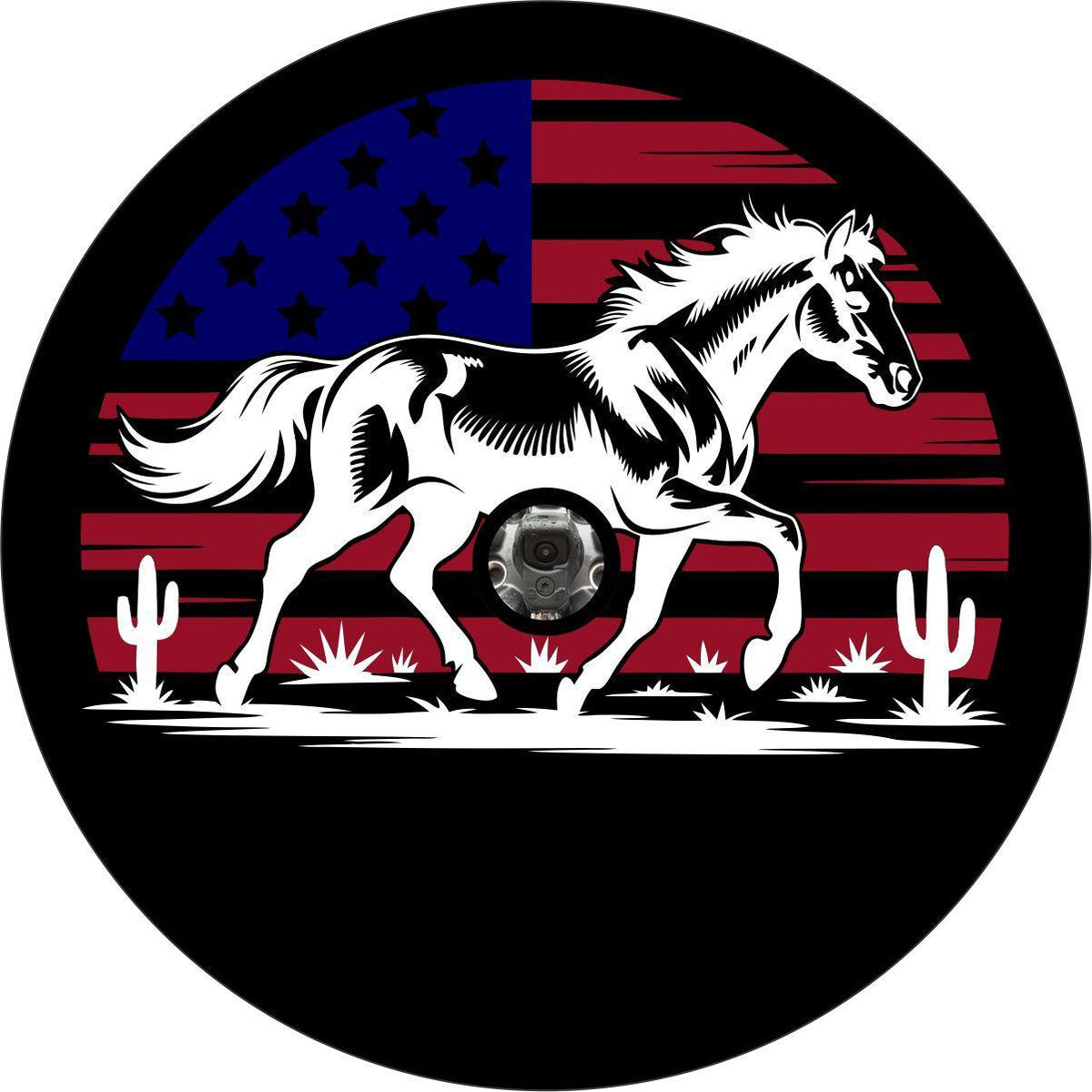 Bronco Horse with American Flag Spare Tire Cover for Jeep, Bronco, RV, Camper, Trailer, & More-duckduckjeep-offroad-wrangler-gladiator-3d-jeep duck-custom duck-Jeep-The Quacktory-Fun Jeep Ducks-Ducks4Jeep