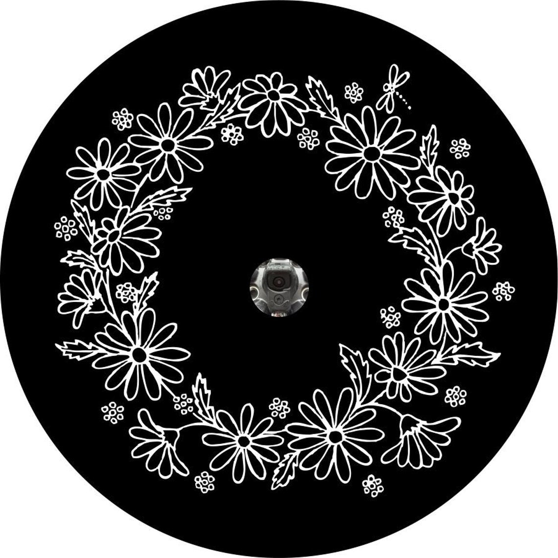 Bunch of Daisies with Dragonfly Floral Wreath Custom Spare Tire Cover for Jeep, Broncos, RV, & More-duckduckjeep-offroad-wrangler-gladiator-3d-jeep duck-custom duck-Jeep-The Quacktory-Fun Jeep Ducks-Ducks4Jeep