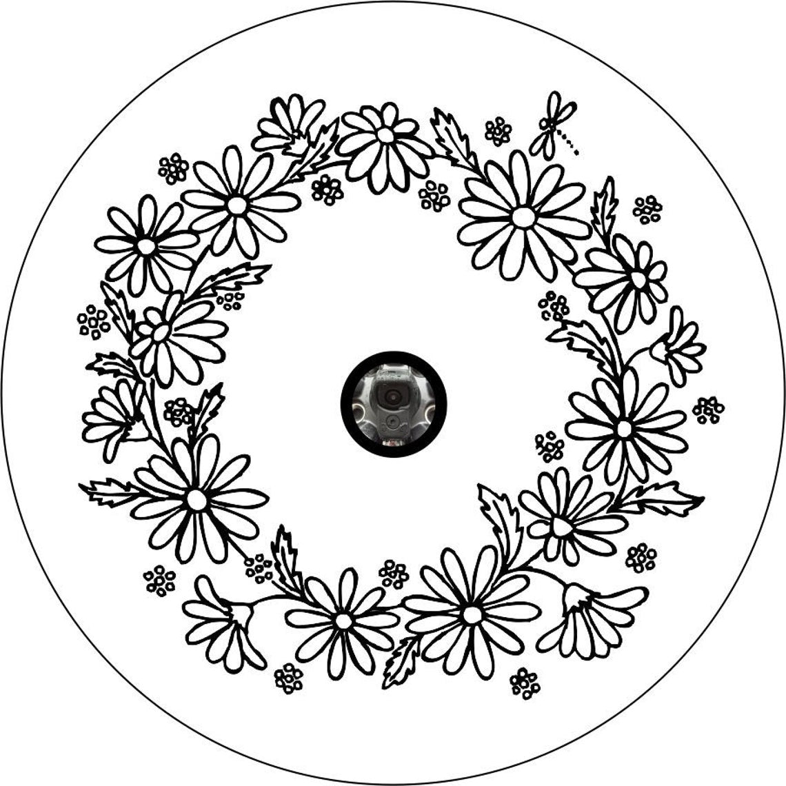 Bunch of Daisies with Dragonfly Floral Wreath Custom Spare Tire Cover for Jeep, Broncos, RV, & More-duckduckjeep-offroad-wrangler-gladiator-3d-jeep duck-custom duck-Jeep-The Quacktory-Fun Jeep Ducks-Ducks4Jeep