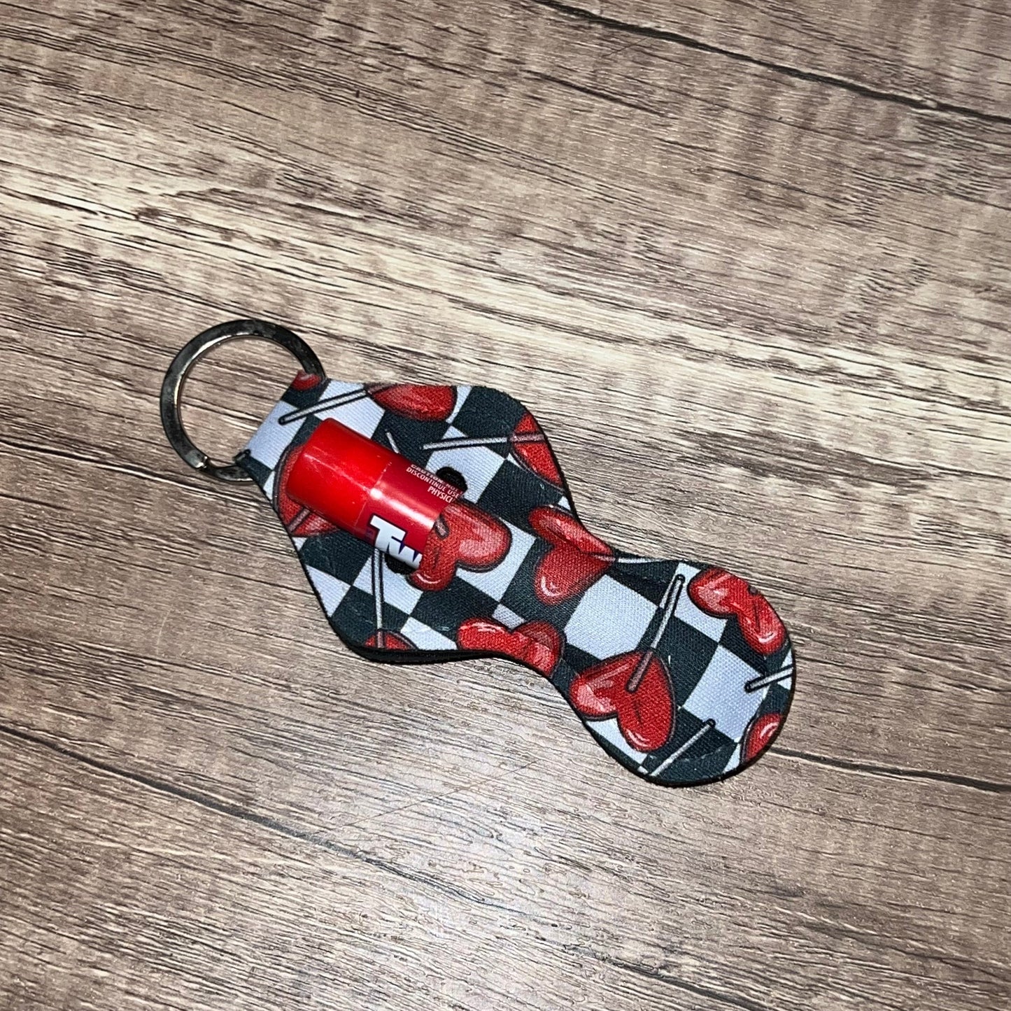 Valentines Heart Sucker Checkerboard Lip Balm Holder Keychain