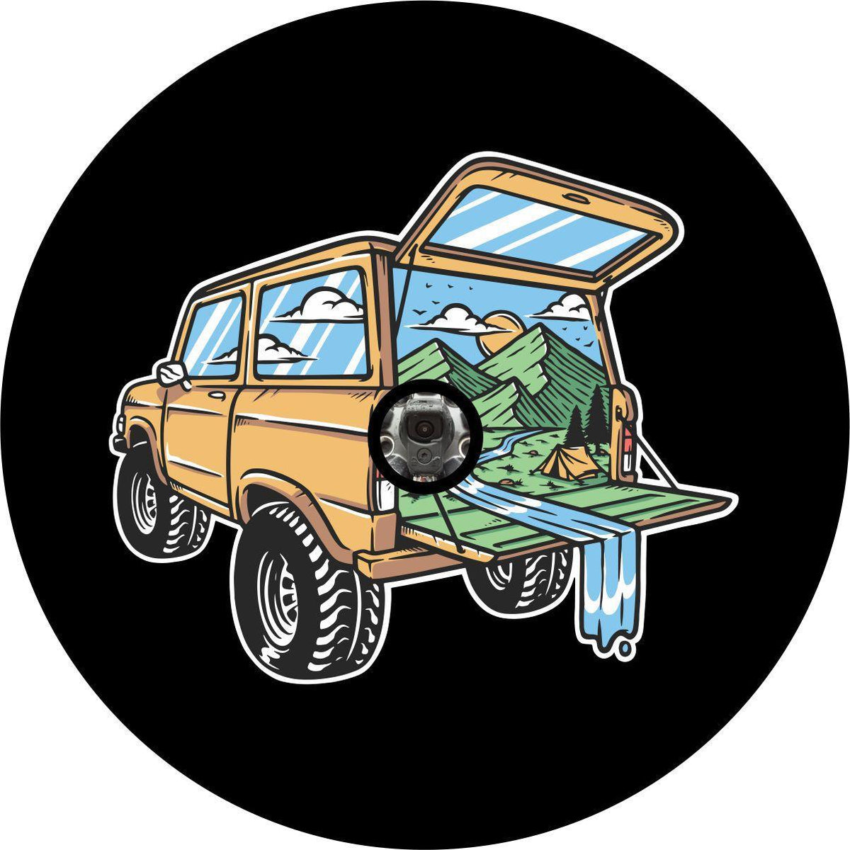 Camping Out The Back of a Bronco Unique Spare Tire Cover for Bronco, RV, Camper, & More-duckduckjeep-offroad-wrangler-gladiator-3d-jeep duck-custom duck-Jeep-The Quacktory-Fun Jeep Ducks-Ducks4Jeep