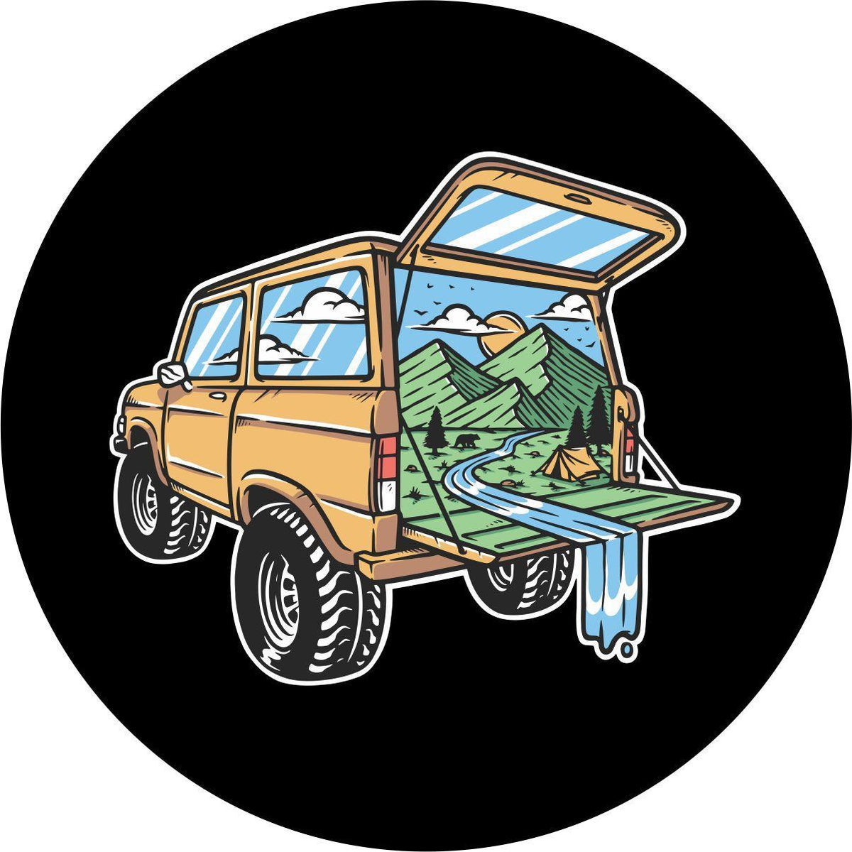 Camping Out The Back of a Bronco Unique Spare Tire Cover for Bronco, RV, Camper, & More-duckduckjeep-offroad-wrangler-gladiator-3d-jeep duck-custom duck-Jeep-The Quacktory-Fun Jeep Ducks-Ducks4Jeep