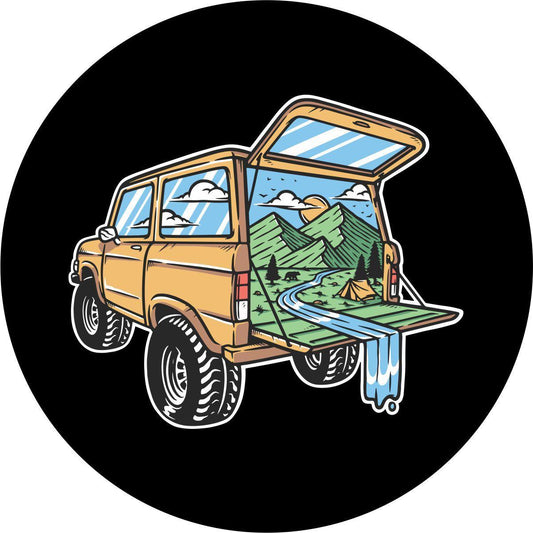 Camping Out The Back of a Bronco Unique Spare Tire Cover for Bronco, RV, Camper, & More-duckduckjeep-offroad-wrangler-gladiator-3d-jeep duck-custom duck-Jeep-The Quacktory-Fun Jeep Ducks-Ducks4Jeep
